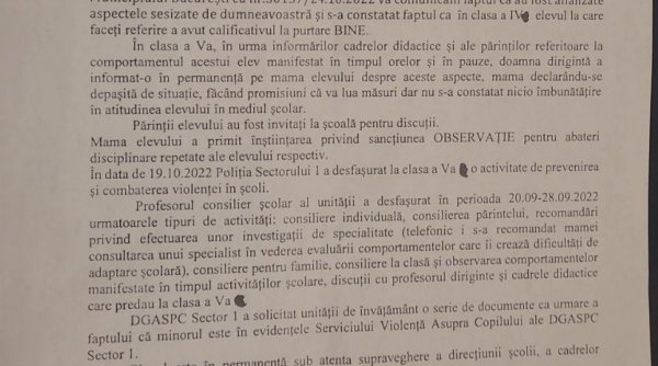 Inspectoratul Școlar din București primise din 2022 o sesizare de la părinți privind comportamentul agresorului din Școala 