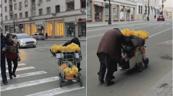 Imagini emoționante cu bunicuța care vinde flori cu căruciorul în Craiova. La 80 de ani continuă să muncească
