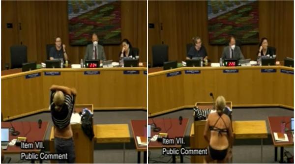 o femeie s a enervat pe noile reguli de la vestiarele din scoli si s a dezbracat pana la bikini in sedinta consiliului scolar