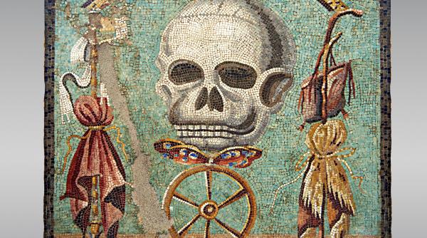 memento mori un mozaic care precede eruptia vezuviului in pompeii si care ne aminteste ca toti suntem egali in fata mortii