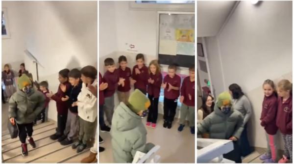 imagini emotionante de la o scoala din cluj napoca copiii si au intampinat colegul care a invins cancerul in aplauze