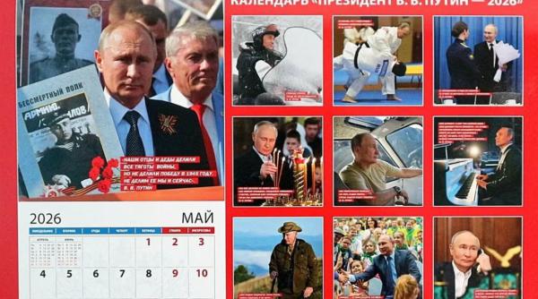 Calendarul de propagandă cu Putin cântând la pian și citate inspiraționale: „Dormi puțin, muncește mult și nu te plânge”