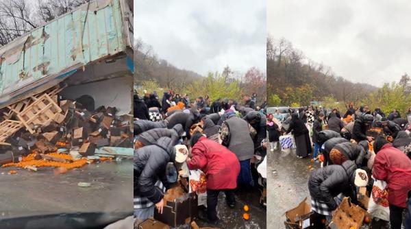 Zeci de oameni s-au înghesuit să „culeagă” portocale de pe asfalt, după un accident pe un drum din Mehedinți. Imaginile au ajuns virale