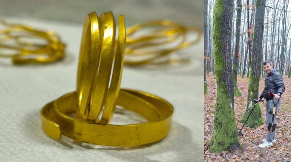 Descoperire arheologică de tezaur, total întâmplătoare, în România: Un detectorist a găsit 4 brățări tracice de aur în jurul unui copac