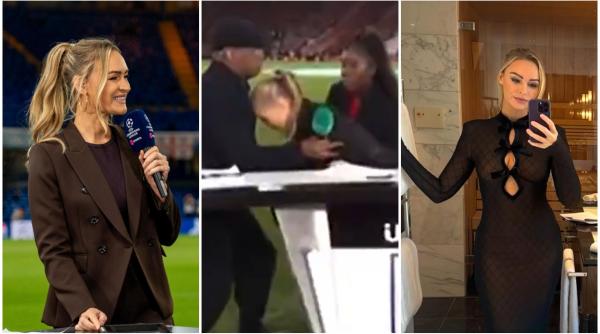 momentul in care celebra prezentatoare laura woods lesina in direct inaintea unui meci amical de fotbal