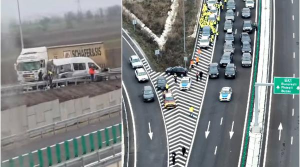 trafic blocat pe bucata de autostrada deschisa acum cateva ore un tir o autoutilitara si o masina s au ciocnit pe a7
