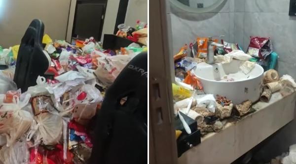 Imagini virale din China: Un bărbat a lăsat un munte de deșeuri, înalt de un metru, în camera de hotel în care a stat 2 ani