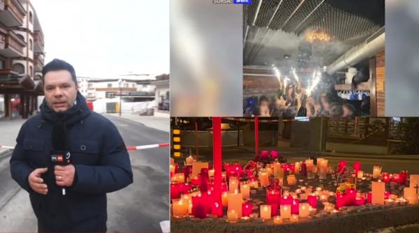 imaginile durerii de la locul tragediei din crans montana altar de flori si lumanari in jurul barului ars parintii isi plang copiii