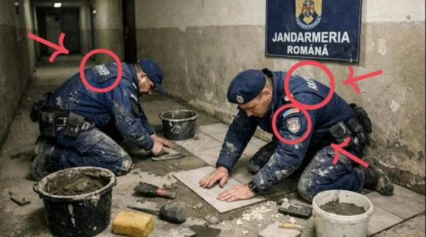 Imagini false cu jandarmi români care pun gresie, răspândite pe internet. Au pe uniformă inscripţii în alfabet chirilic