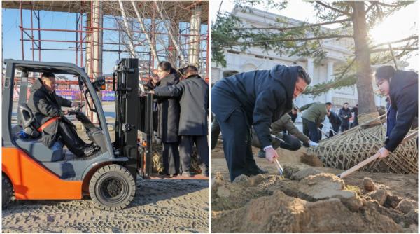 imagini amuzante cu kim jong un care si plimba fiica si consilierii cu motostivuitorul apoi a pus mana pe lopata ca sa planteze copaci
