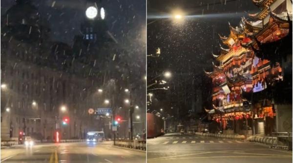 Frig neobișnuit în China. A nins la Shanghai, după mulți ani, iar mai multe străzi au fost închise