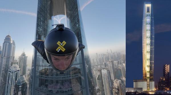 cinci parasutisti zboara prin cel mai inalt hotel din lume cu viteze de peste 200 km h momentul e surprins in imagini extraordinare