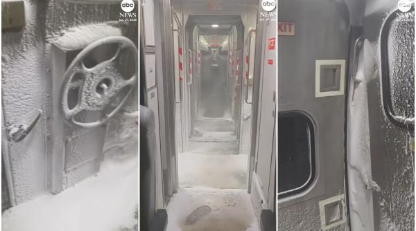 "E ca-n Narnia". Imagini virale dintr-un tren care a plecat din New York plin de gheață și zăpadă în compartimente