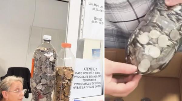 un barbat din craiova a mers sa isi plateasca taxele cu 3 kg de monede aduse in sticle de plastic