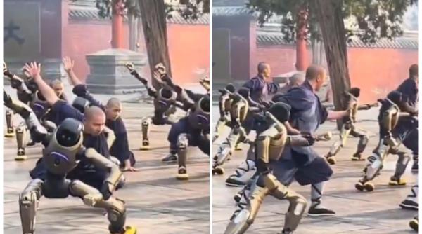 Video viral. Călugării Shaolin practică Kung Fu împreună cu roboți umanoizi, la un templu