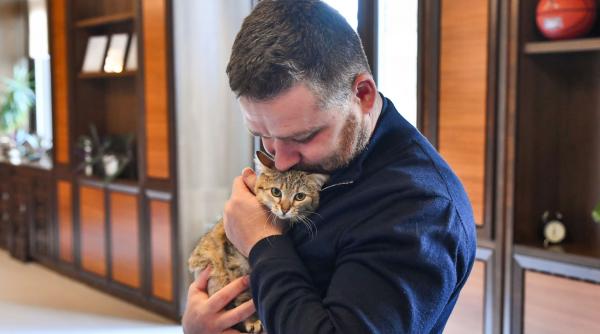 Ciprian Ciucu și-a luat pisică și la Primăria Generală. Cathy a fost găsită grav rănită pe stradă și a fost adoptată 