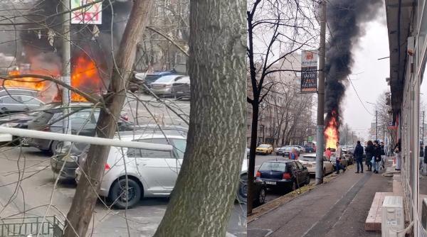 Incendiu puternic pe un bulevard din București. O mașină a luat foc în trafic, pasagerul din dreapta a murit. Mai există încă o victimă
