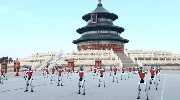 spectacol cu armata de roboti umanoizi unitree in fata unui templu unesco din china s au rugat si au dansat in sincron perfect