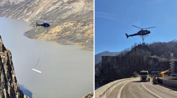 Peste cât timp se reumple Lacul Vidraru. Un elicopter, folosit la lucrările de retehnologizare a barajului, iar scenele au fost filmate