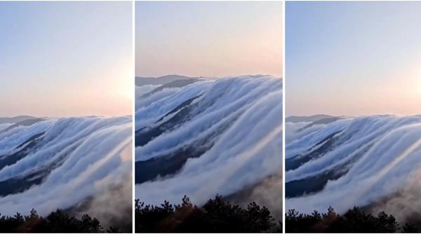Cascadă uriașă de nori peste munții din China. Fenomenul meteorologic spectaculos a transformat cerul într-un tărâm de basm 