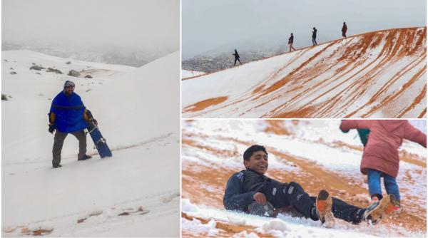 Peisaj SF în Sahara, unde a nins iar zăpada a acoperit dunele de nisip. Localnicii din apropiere s-au dus la derdeluș