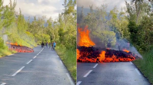 vulcanul piton a erupt imagini spectaculoase cu lava care curge peste sosea pe insula reunion ce se intampla daca ajunge la ocean