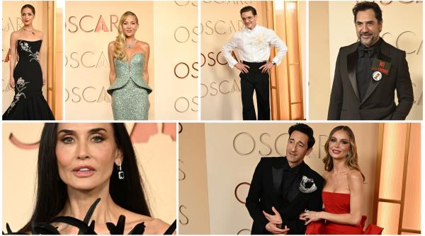oscar 2026 imagini de covorul rosu si momente virale emma stone a purtat metal lichid javier bardem a starnit reactii cu o brosa