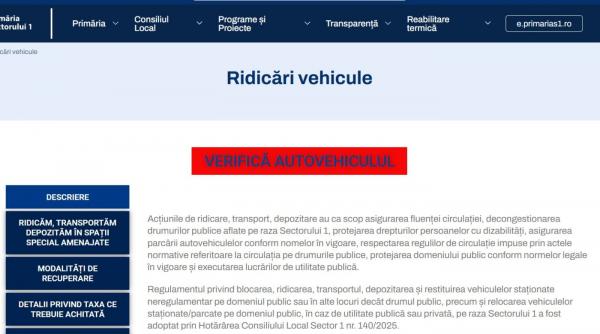 Primăria Sectorului 1 lansează un serviciu online pentru verificarea maşinilor ridicate de pe domeniul public