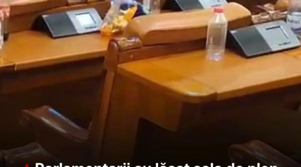 parlamentarii au lasat sala de plen plina de gunoaie dupa dezbaterile pe buget pungi de covrigi doze si sticle goale