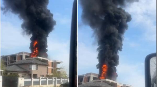 incendiu violent langa bucuresti a luat foc un bloc in constructie