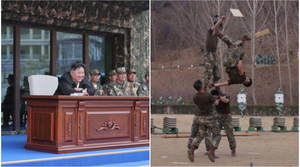 Kim Jong Un s-a distrat grozav urmărind cum soldații lui se lovesc cu baroase și târnăcoape ca să-i arate cât de antrenați sunt