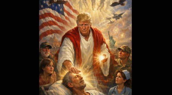 in plin conflict cu vaticanul trump a postat o imagine cu el pe post de isus care vindeca un bolnav cu avioane de vanatoare pe fundal