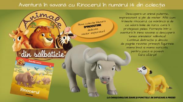 Rinocerul, gigantul savanei, te așteaptă într-o nouă aventură! Numărul 14 din „Animale din sălbăticie”, la chioșcuri din 14 aprilie