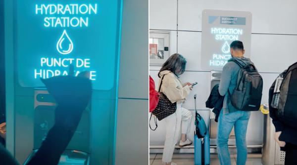 Apă gratuită în aeroporturile din București: Pasagerii pot, acum, să își umple sticlele de la stațiile speciale. Unde s-au montat