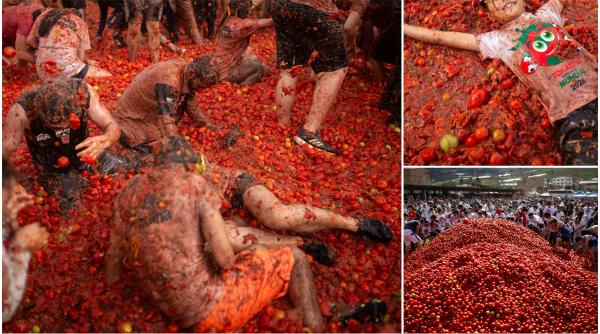 marea bataie cu rosii tomatina din columbia 2026 imaginile distractiei cu zeci de mii de localnici si turisti improscati cu bulion