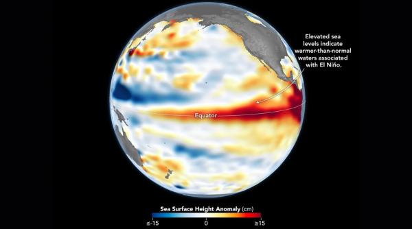 satelitii nasa au surprins o unda kelvin intinsa pe sute de km in pacific care semnaleaza un fenomen el nino extrem de puternic