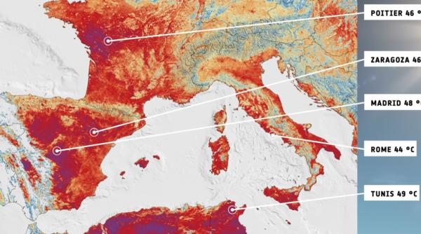 cum se vede din spatiu valul de canicula care sufoca europa imagine surprinsa de satelitul copernicus in ziua recordului din franta