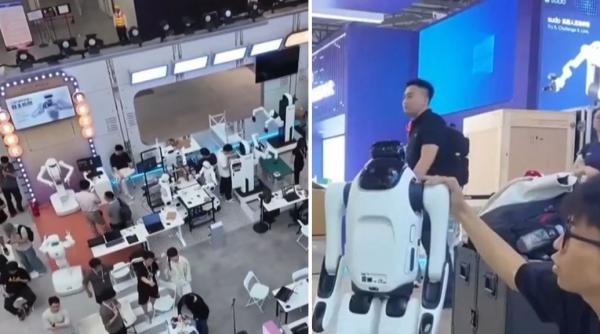 robotii viitorului prezentati la shanghai unii sunt antrenati pentru a lucra in medii riscante si repara linii electrice