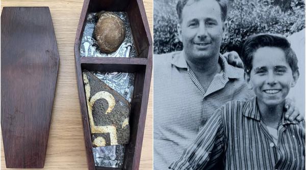 in 1956 un baiat a luat rotula unui staret si o placa din abatia glastonbury dupa 70 de ani vaduva lui le a returnat din australia