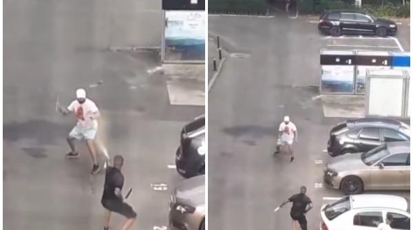 bataie cu macete cutite si spray lacrimogen in plina strada la targu jiu imaginile au fost filmate