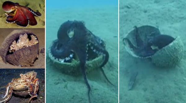 caracatita care isi face armura din coji de cocos cercetatorii au filmat unul din rarele cazuri de folosire a uneltelor in salbaticie