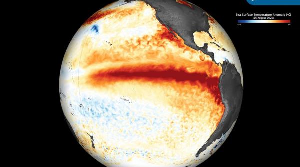 El Niño este vizibil din spațiu. Imaginea surprinsă de sateliții Copernicus care arată uriașa „pată” de apă caldă din Pacific