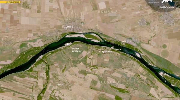 o noua imaginie surprinsa de satelitii copernicus arata dezastrul de pe dunare la croabia in albia raului se vad bancurile de nisip