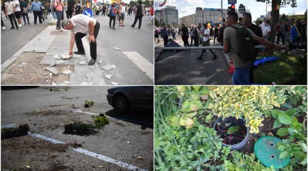 infiltratii la protestul oierilor au smuls borduri si pavaj au distrus spatii verzi si au furat aspersoare imagini cu dezastrul lasat