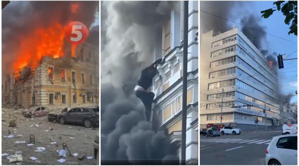 rusii au atacat centrul kievului cu drone in amiaza mare o femeie a fost ucisa cladirea academiei nationale de stiinte e in flacari