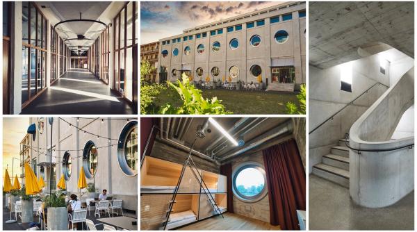 in 1912 era umplut cu boabe de cacao acum un fost siloz din elvetia are hostel restaurant si birouri in cele 42 de tuburi de beton