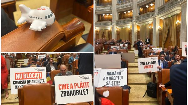 Circ în Parlament. USR a venit cu avioane de jucărie și pancarte. Manole s-a certat cu Drulă: "Aveți o mare problemă de înțelegere"