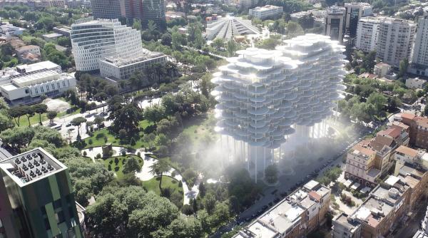 cladirea care pluteste pare un nor din care curg cascade cum va arata complexul spectaculos din tirana premiat pentru arhitectura