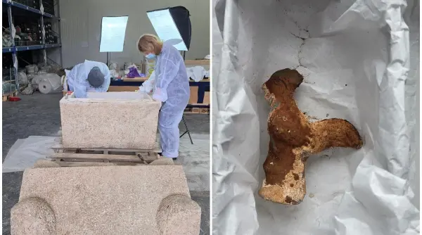 un sarcofag roman intact a fost descoperit in constanta arheologii au gasit jucarii din lut si ghirlande de flori in interior