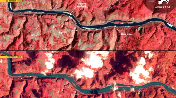 imagini spectaculoase din satelit seceta a scos la iveala bancuri de nisip pe rin in germania dupa luni intregi cu putina apa